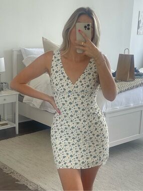 Papermoon White Mini Dress with Green and Yellow Floral Print